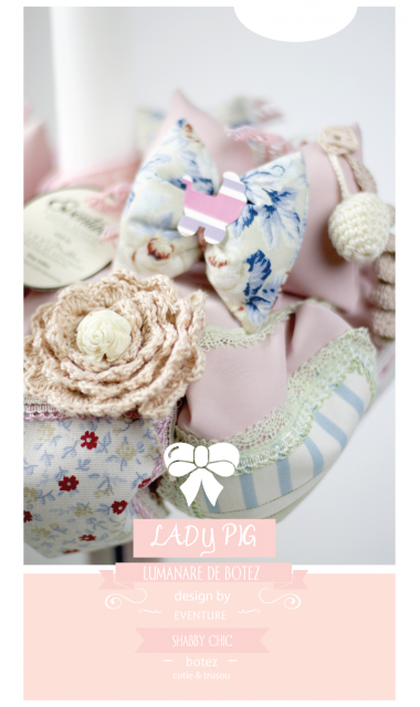 Lumanare de botez shabby chic pentru fetite, 65x4 cm, Lady Pig  4